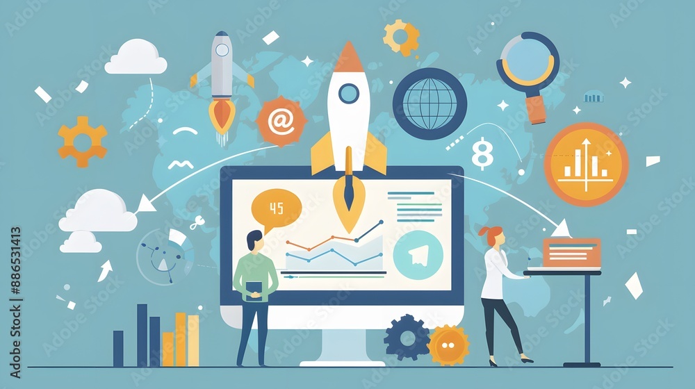 Poster a computer monitor shows a man and woman working on a project. the image is full of colorful icons a