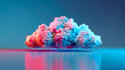 Fototapeta premium A computer chip with a cloud on it. The cloud is blue and red. The chip is surrounded by a red and orange background