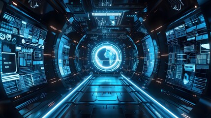 A future with a glowing globe in the middle The station is full of screens and monitors. Gives the feeling of a high-tech environment.