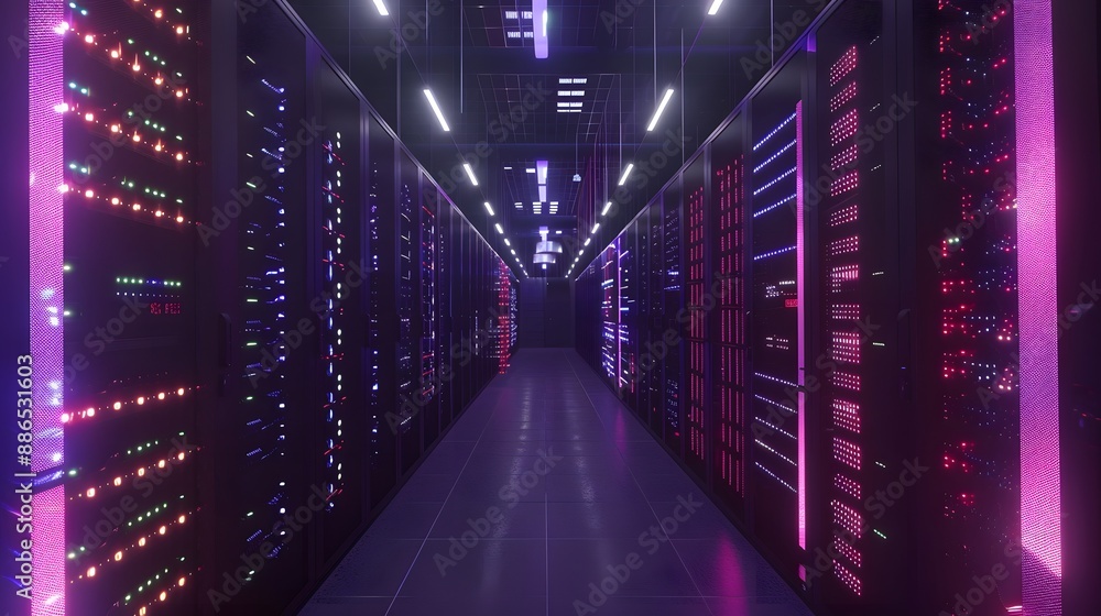 Poster a large room with many computer servers. the servers are black and red. the room is very large and h