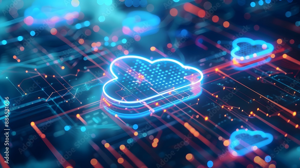 Poster a computer chip with a cloud on it. the cloud is blue and red. the chip is surrounded by a red and o