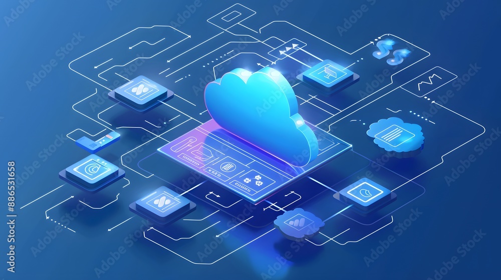 Poster a computer chip with a cloud on it. the cloud is blue and red. the chip is surrounded by a red and o