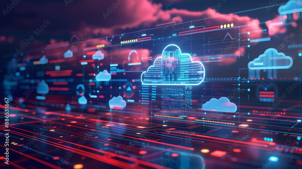 Poster a computer chip with a cloud on it. the cloud is blue and red. the chip is surrounded by a red and o