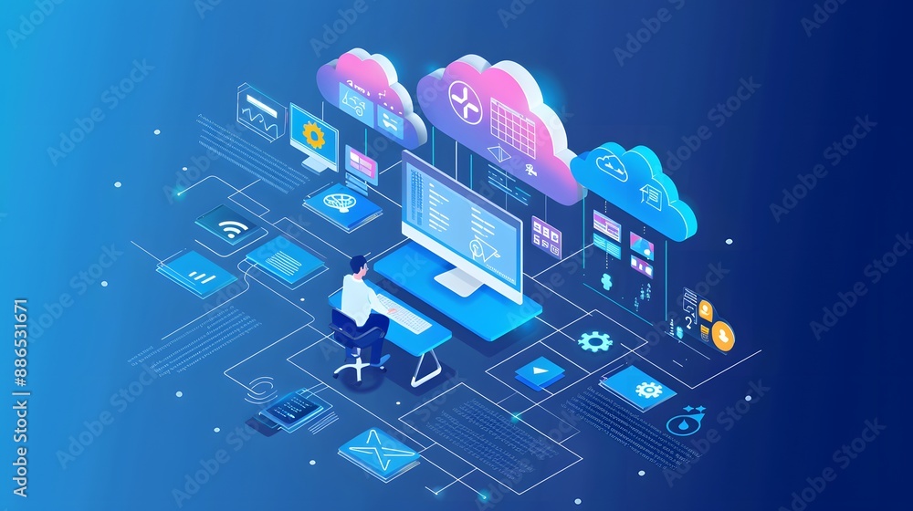Poster a computer chip with a cloud on it. the cloud is blue and red. the chip is surrounded by a red and o
