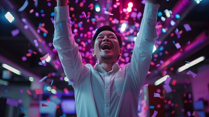 Obraz premium Successful Entrepreneur Celebrating Milestone with Enthusiastic Business Team