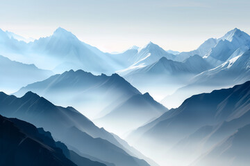 Misty Blue Mountain Range with Layers of Peaks and Valleys Background