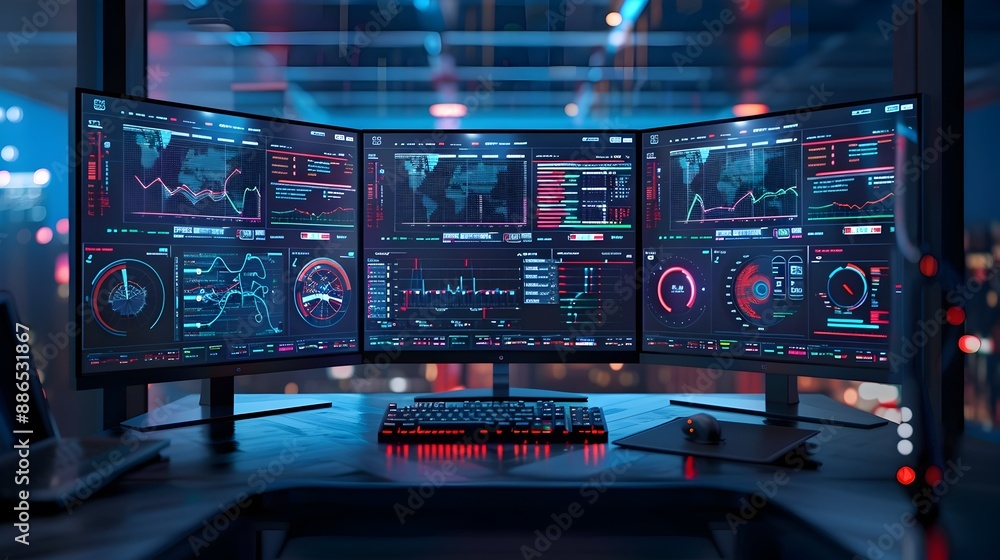 Poster sleek digital workspace with real time data analytics and efficient technology