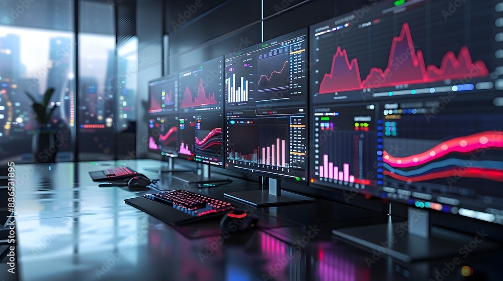 Aufkleber sleek digital workspace with multiscreens displaying real time data analytics for efficient business