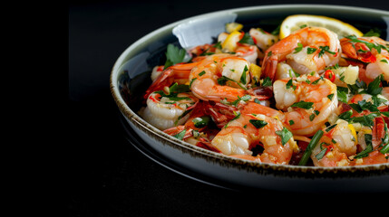 A mouth-watering shrimp dish garnished with herbs and lemon, served with meticulous plating in a dark bowl, showcasing culinary elegance.