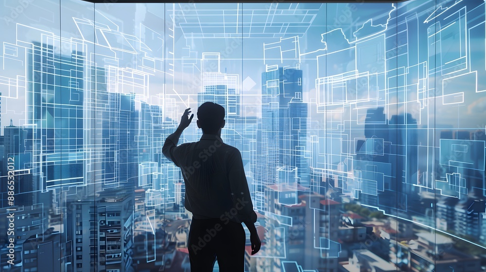 Poster a man is looking out of a window at a cityscape. the image is a projection of a city, and the man is