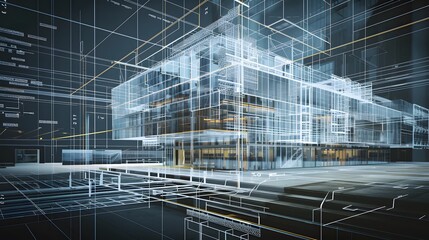 A man is looking out of a window at a cityscape. The image is a projection of a city, and the man is standing in front of a building. Scene is one of awe and wonder