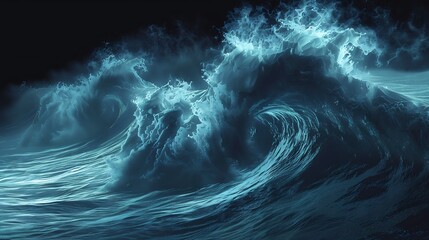 A generative AI image of a large stormy wave in dark blue, with simple, neon patterns