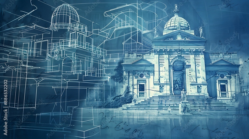 Poster a blue and white image of buildings with a blue background. the buildings are drawn in a way that th