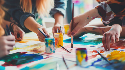 Naklejka premium Close-up of hands engaged in vibrant painting activities, surrounded by paintbrushes and colorful jars, highlighting creativity and collaboration in art.