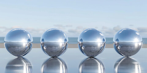 Sleek Synchrony: A row of four silver balls, arranged in perfect unison on a smooth, polished surface.