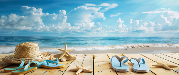 Summer Beach Scene with Flip-Flops, Straw Hat, and Starfish on Wooden Deck
