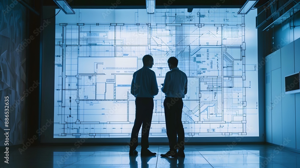 Poster three people are standing in front of a large screen with a blue background. the screen is filled wi