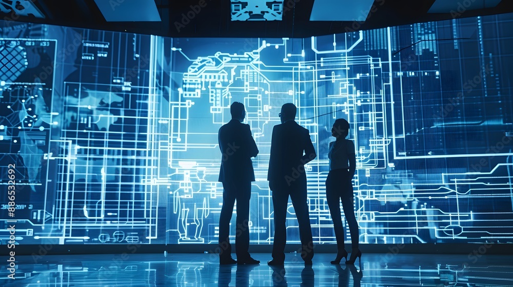Poster three people are standing in front of a large screen with a blue background. the screen is filled wi