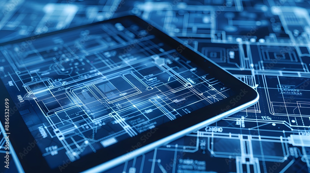 Poster a tablet with a blue screen showing a building plan. concept of precision and detail, as the blue sc