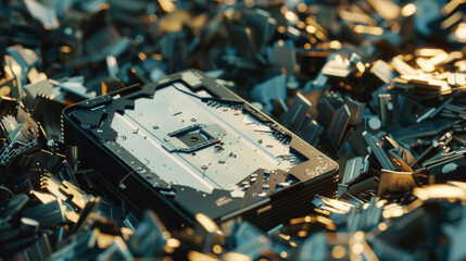 A close-up of a hard drive amidst a pile of electronic components, highlighting its intricate design and metallic finish, with scattered light reflections.