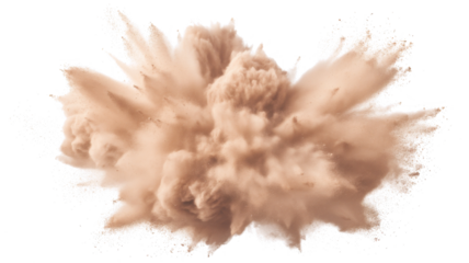 Dry Soil explosion with dirt and cloud smoke. Isolated on white background. Dirty ground abstract spread with flying particles