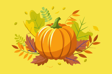 Naklejka premium Pumpkin with yellow autumn leaves on a yellow background.