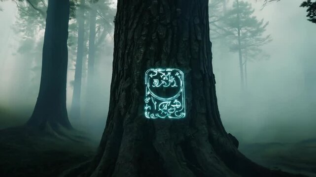Enchanted with mystical glowing runes on tree