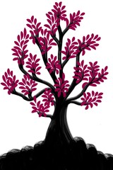 silhouette of a tree on a hill, Illustration of tree, silhouette of tree, tree with roots, tree with pink flowers