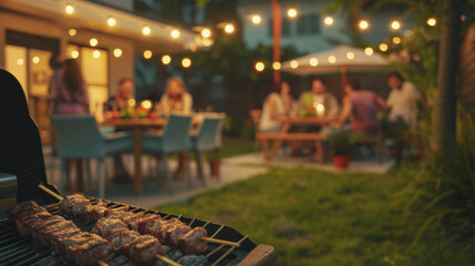 Juicy skewers roast on a barbecue grill while people enjoy an illuminated evening meal in a cozy backyard, under a canopy of soft lights.