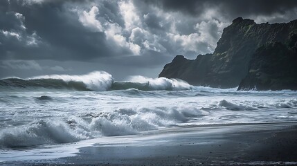 Fototapeta premium A high-contrast image of turbulent waves with dark clouds brewing over Piha beach