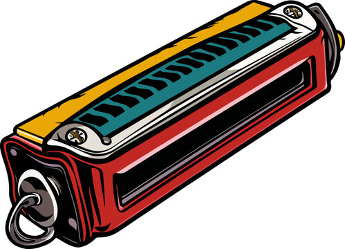 red harmonica with yellow and teal details clip art preview