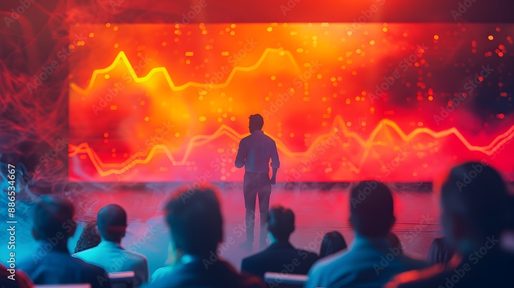 Poster energetic presentation with dynamic visuals and enthusiastic audience highlighting persuasive commun