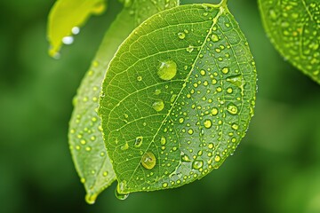 Close-up of fresh green leaves with water droplets after rain, showcasing natural beauty and detail in a serene, lush environment.