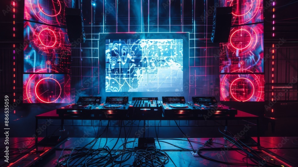 Poster a dj booth with multiple turntables is illuminated by vibrant blue and red lights.
