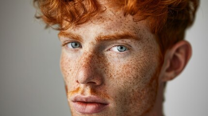 Obraz premium A close-up portrait of a young man with bright red hair and freckles looking intently at the camera