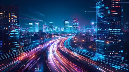 Futuristic Smart City Illuminated by Neon Lights and Holographic Ads Showcasing Advanced Urban Technology