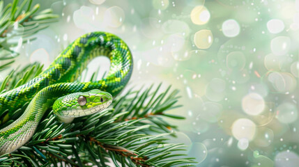 Obraz premium Green Snake Coiled on Fir Branch with Glistening Bokeh Background