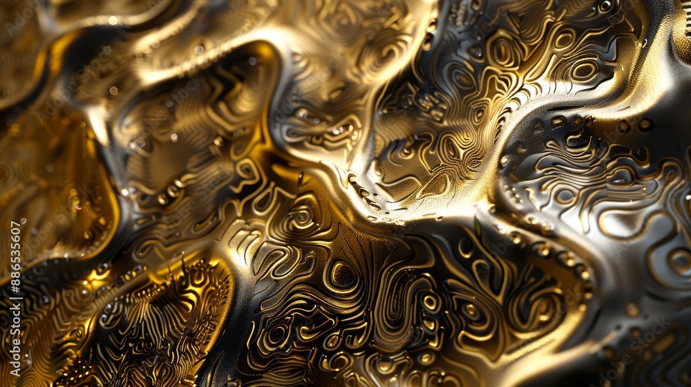 Poster Shimmering golden and silver liquid creating dynamic patterns with a blurred background, ideal for technology, luxury, and abstract designs