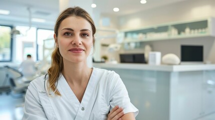 Fototapeta premium Young female dentist in white uniform smiling at camera in modern dental office.
