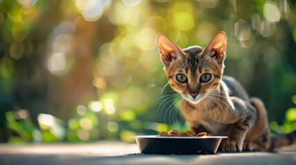 Adorable Tabby Kitten Enjoying Meal Outdoors in Sunlight