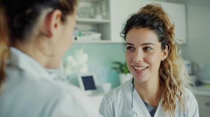 Fototapeta premium A smiling woman in a white lab coat engaged in a conversation with another person in a brightly lit modern medical office setting.