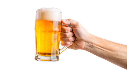 A hand holding a big glass of beer isolated on a white background