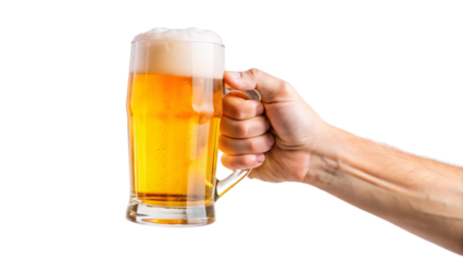 A hand holding a big glass of beer isolated on a white background