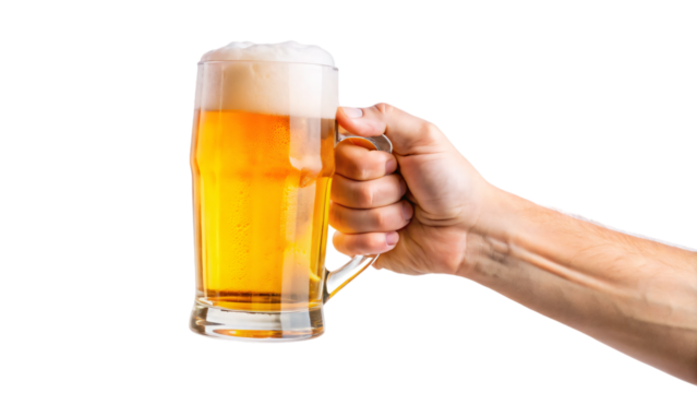 A hand holding a big glass of beer isolated on a white background
