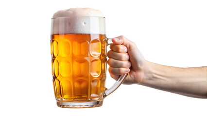 A hand holding a big glass of beer isolated on a white background