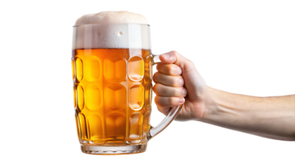 A hand holding a big glass of beer isolated on a white background
