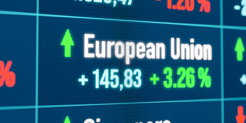 European Union rising stock market. Growth, positive trend, bull market, stock market rally, financial markets, success, business.