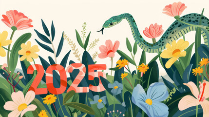 Obraz premium Colorful 2025 Typography in Floral Spring Nature with Snake Illustration
