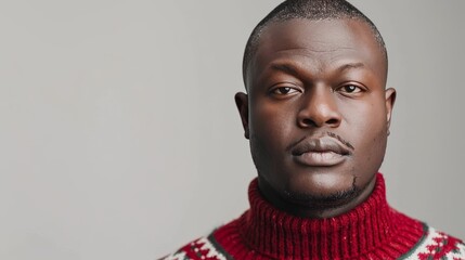 Obraz premium Man in red christmas sweater poses on white background, with ample copy space for text placement