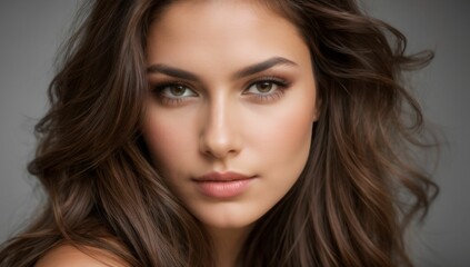 A beautiful young woman with long brown hair. She has a well-defined nose and is looking directly at the camera.